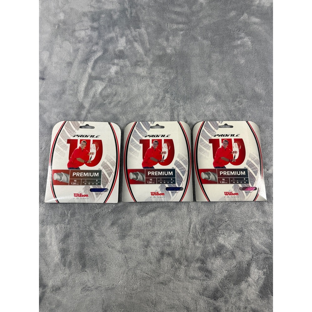 Wilson Profile Premium Tennis String 16 Gauge 1.30mm Blue Pink 3 Pack Bundle